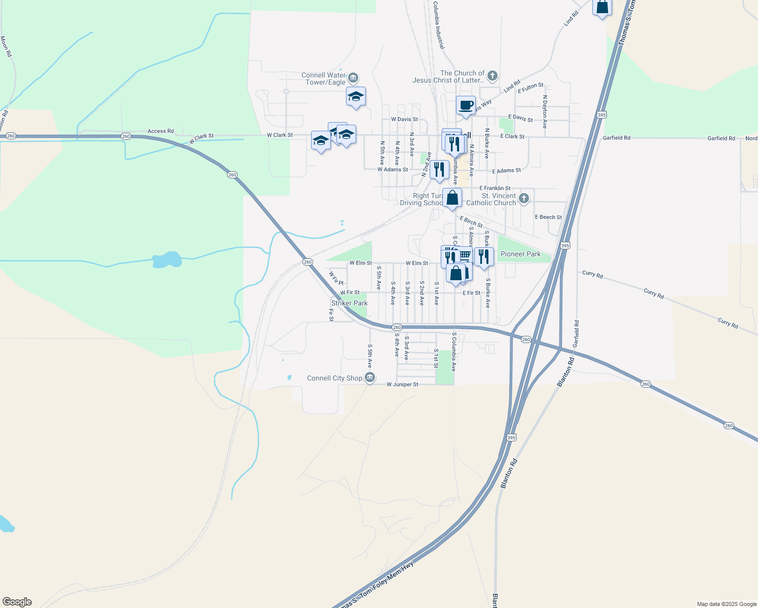 map of restaurants, bars, coffee shops, grocery stores, and more near South 5th Avenue in Connell