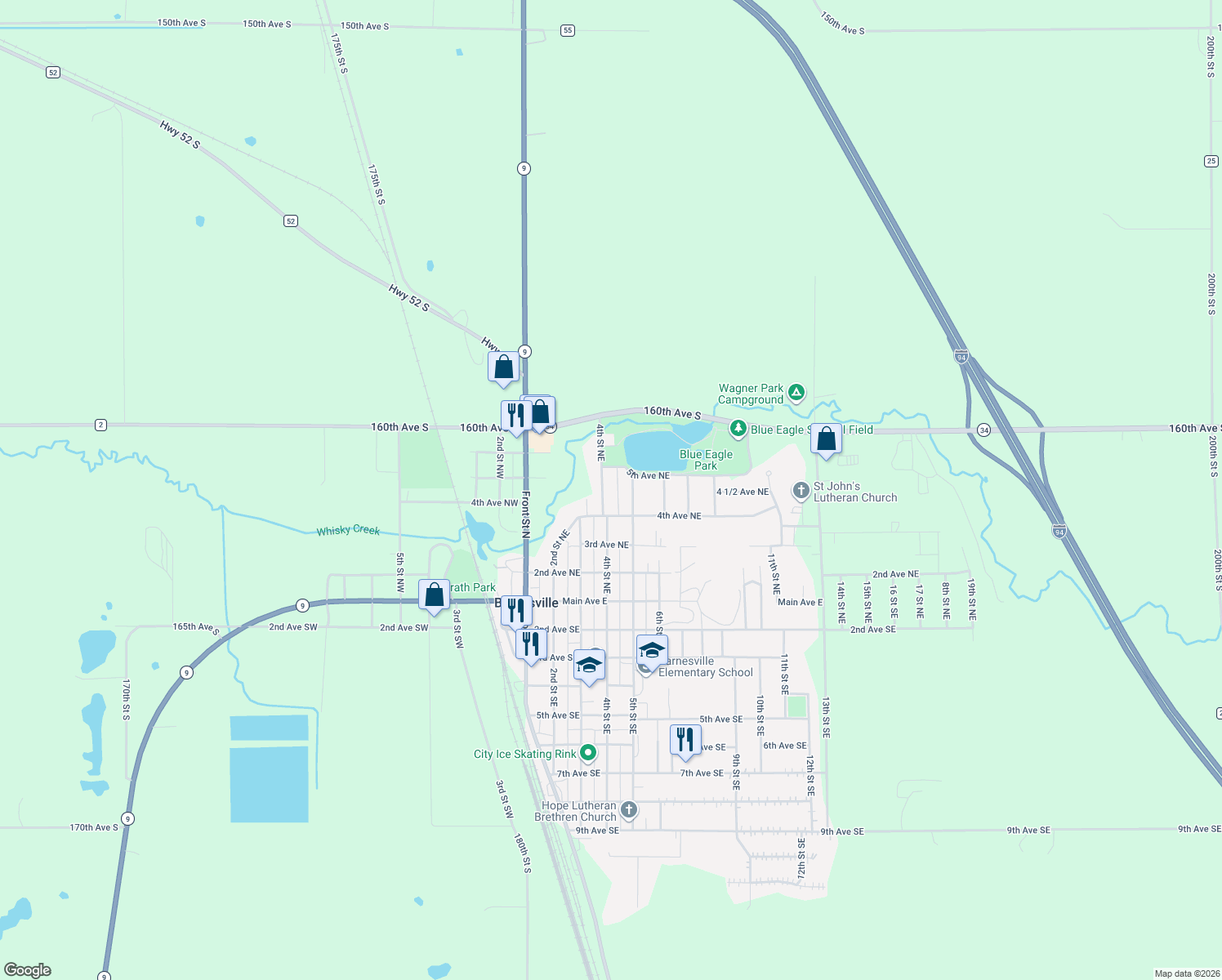 map of restaurants, bars, coffee shops, grocery stores, and more near 414 4th St NE in Barnesville