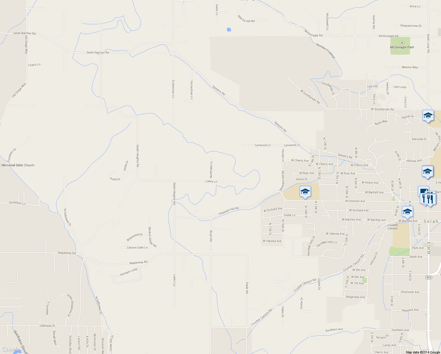 map of restaurants, bars, coffee shops, grocery stores, and more near 351 Lakes Ln in Selah