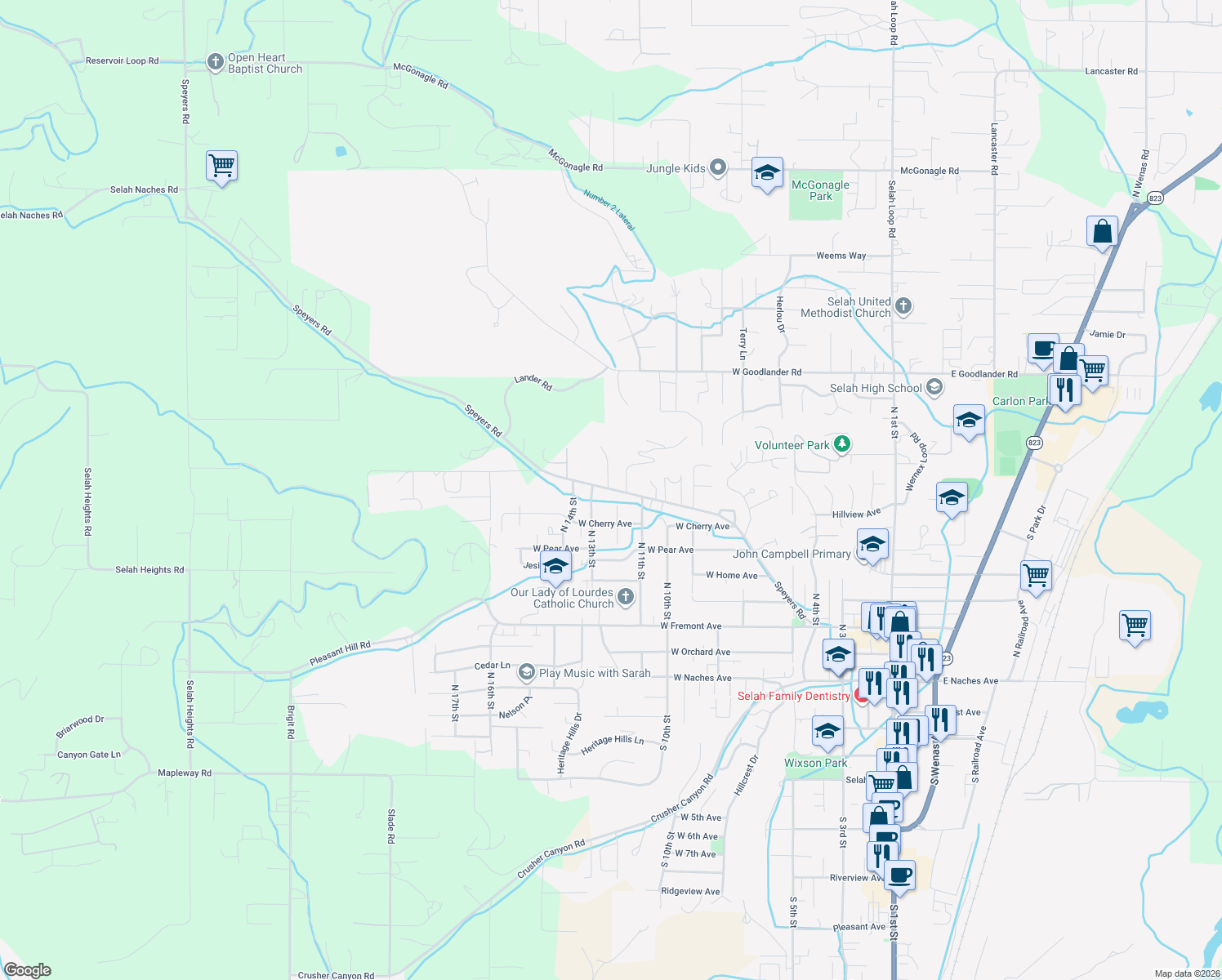 map of restaurants, bars, coffee shops, grocery stores, and more near 1210 Speyers Road in Selah