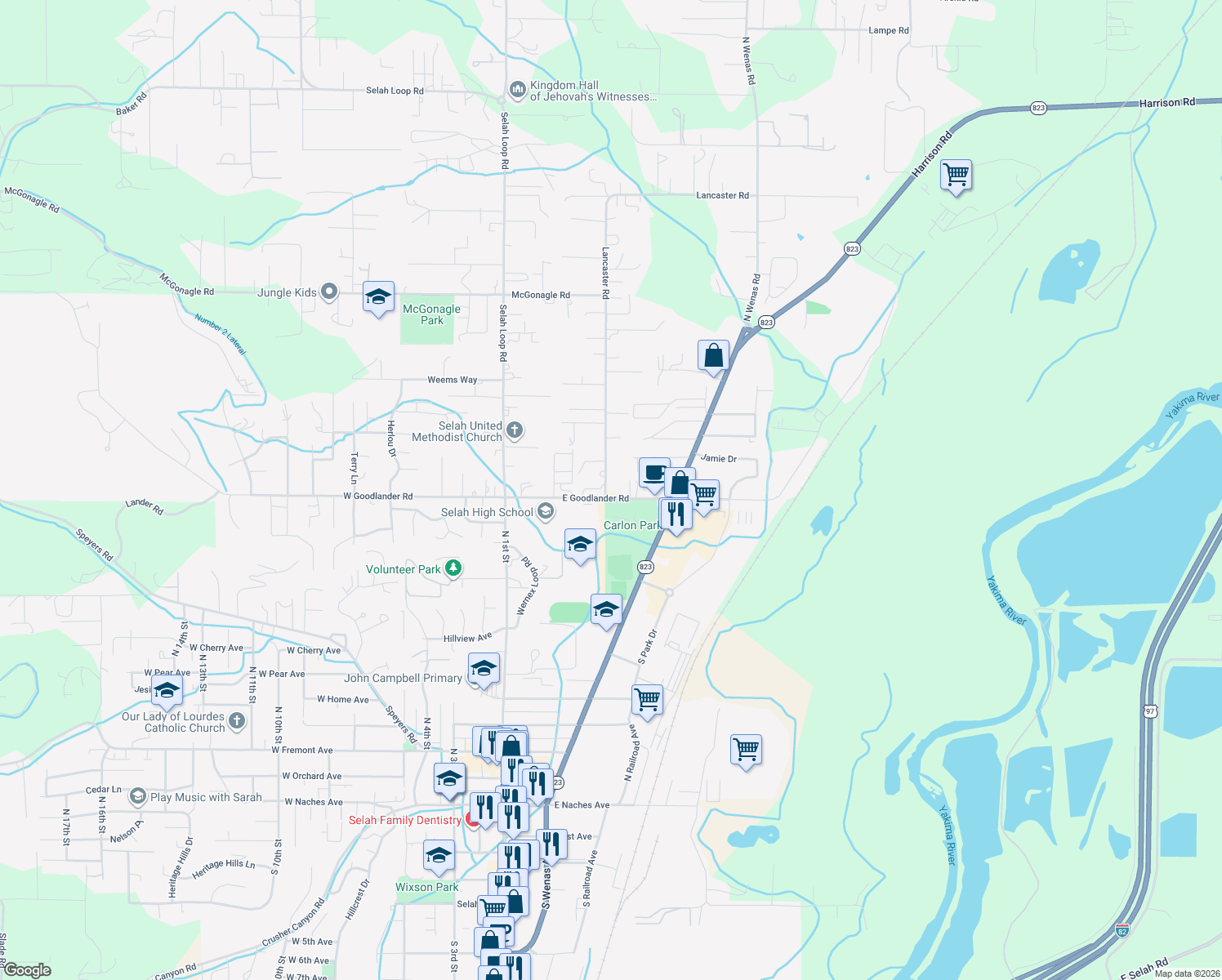 map of restaurants, bars, coffee shops, grocery stores, and more near 301 East Goodlander Road in Selah