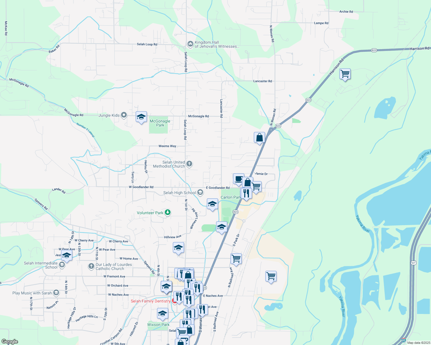 map of restaurants, bars, coffee shops, grocery stores, and more near 120 Lancaster Rd in Selah