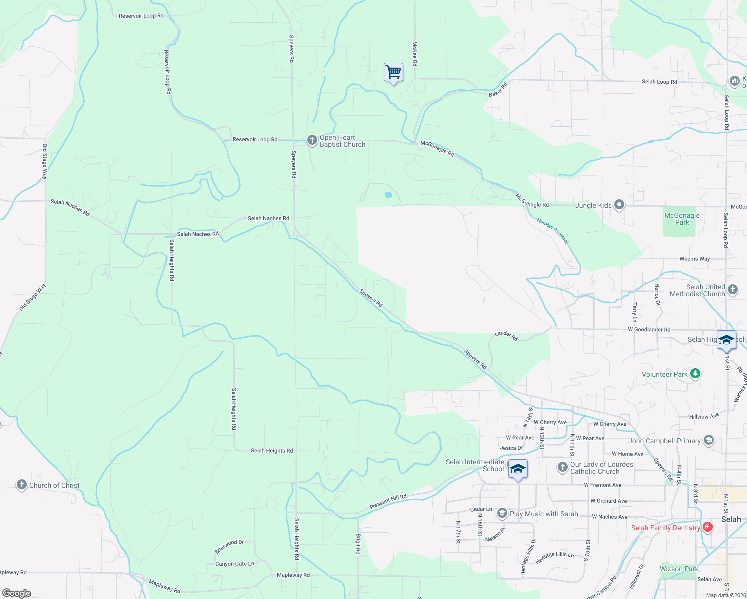 map of restaurants, bars, coffee shops, grocery stores, and more near 2176 Speyers Road in Selah