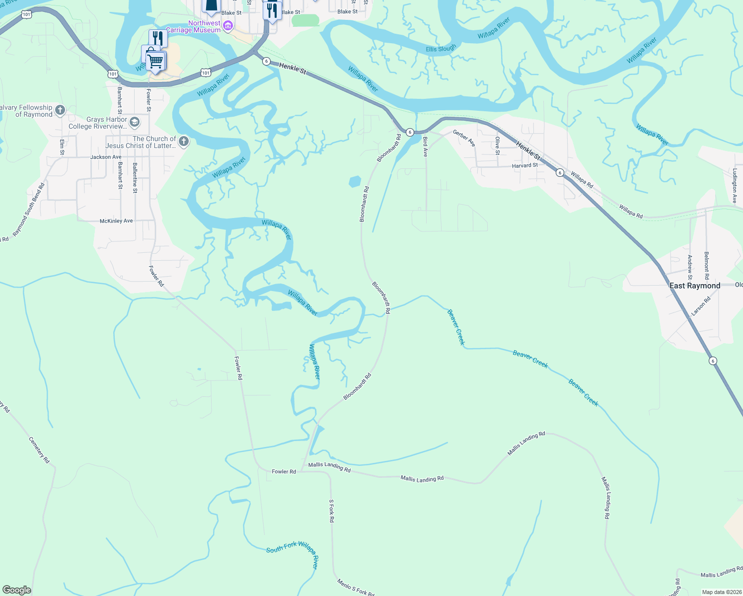 map of restaurants, bars, coffee shops, grocery stores, and more near 1508 Bloomhardt Road in Raymond