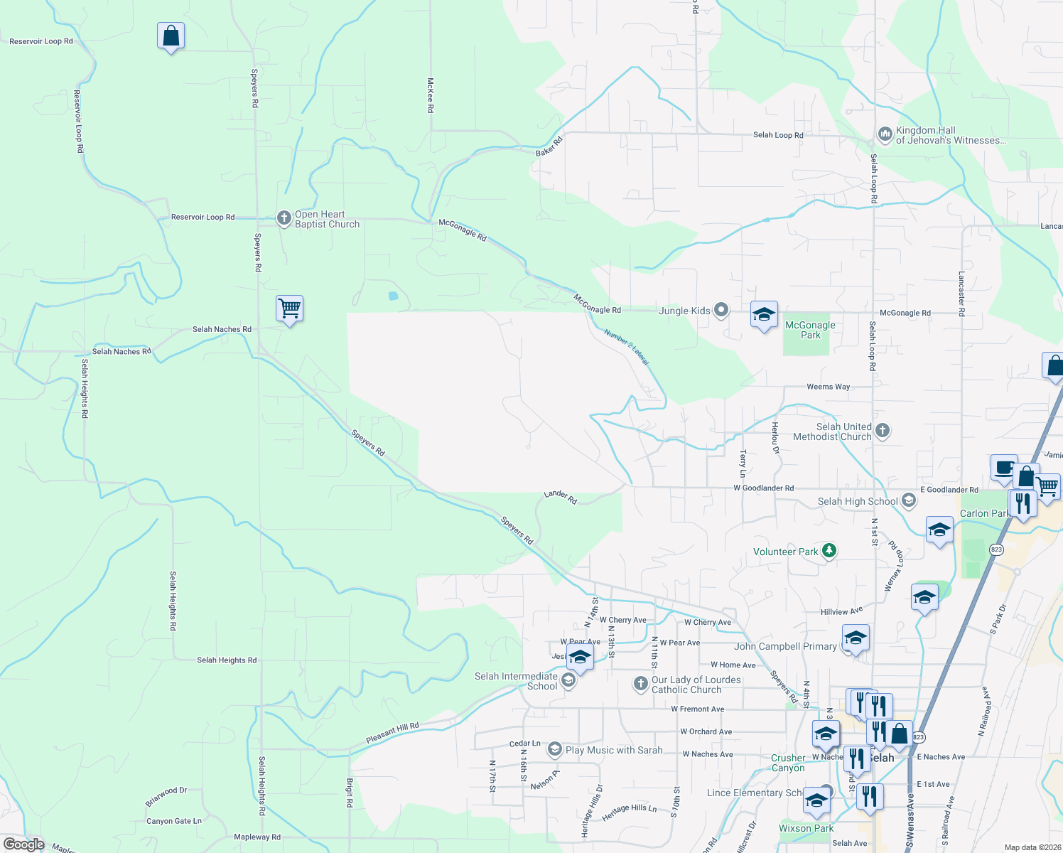 map of restaurants, bars, coffee shops, grocery stores, and more near 1335 West Goodlander Road in Selah