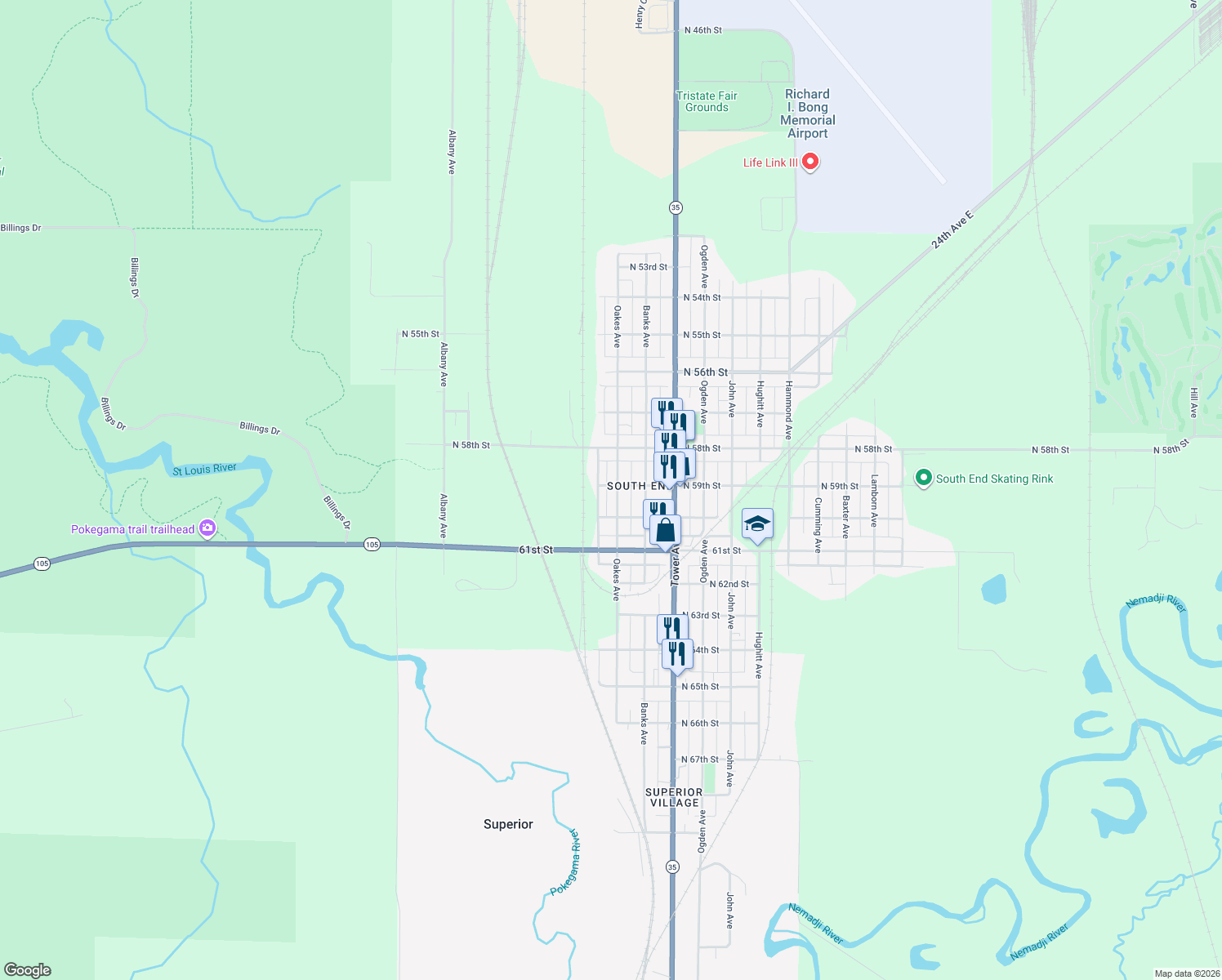 map of restaurants, bars, coffee shops, grocery stores, and more near 5901 Oakes Avenue in Superior