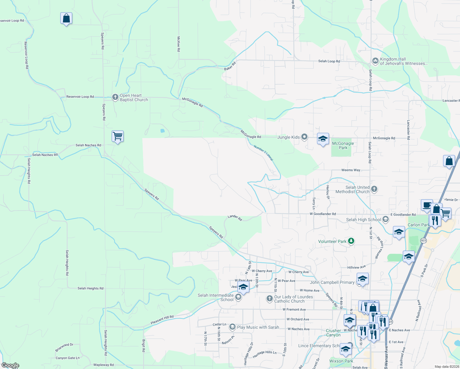 map of restaurants, bars, coffee shops, grocery stores, and more near 1335 West Goodlander Road in Selah