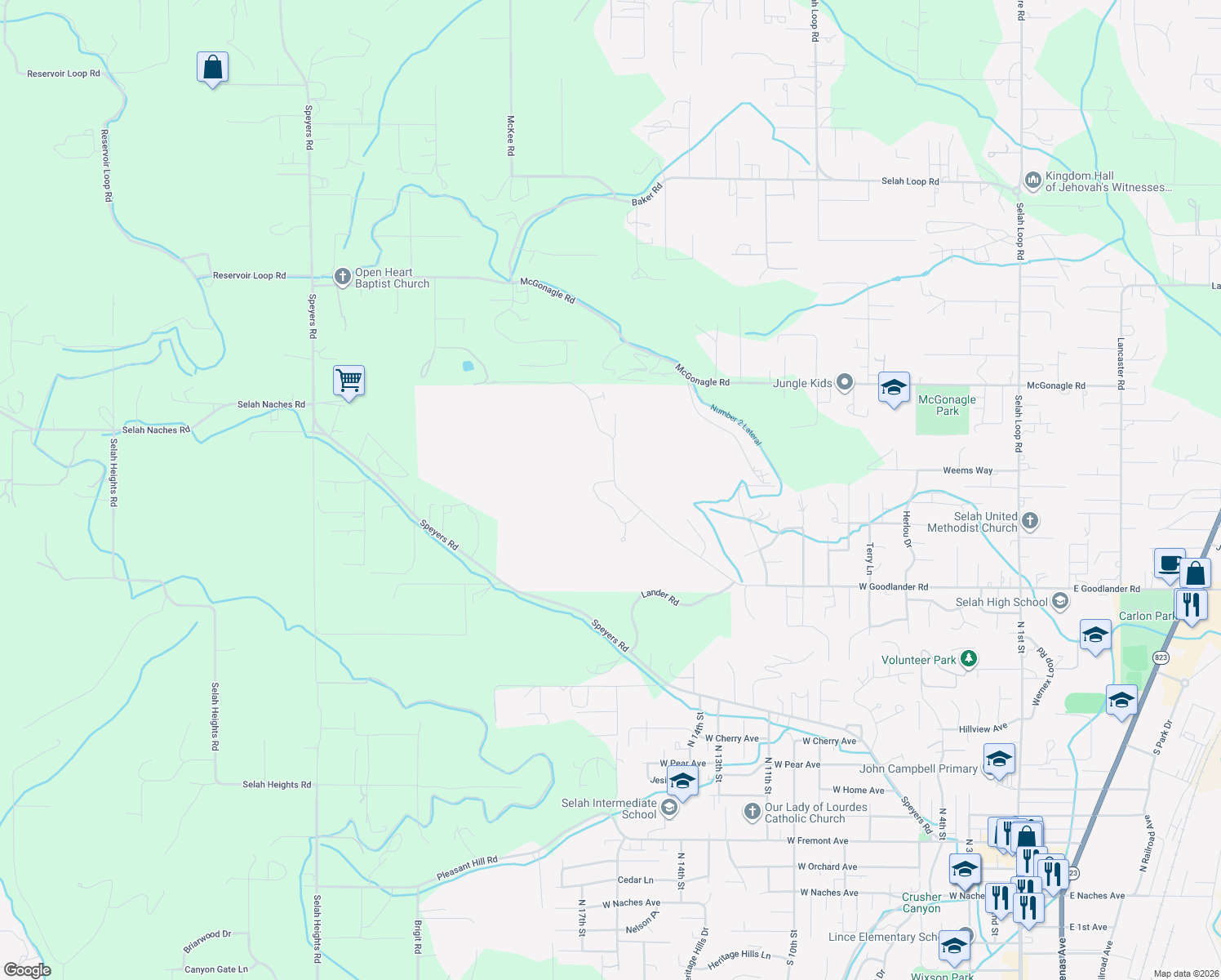 map of restaurants, bars, coffee shops, grocery stores, and more near 1533 West Goodlander Road in Selah