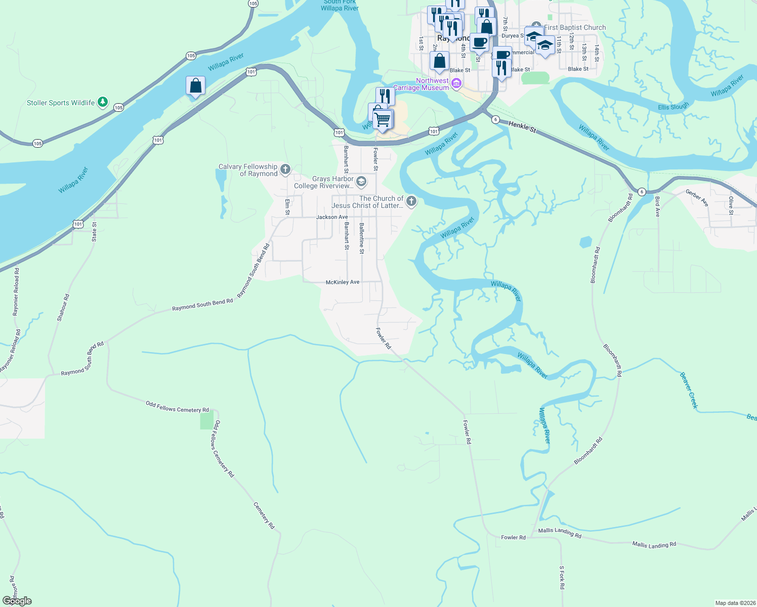 map of restaurants, bars, coffee shops, grocery stores, and more near 1198 Fowler Street in Raymond
