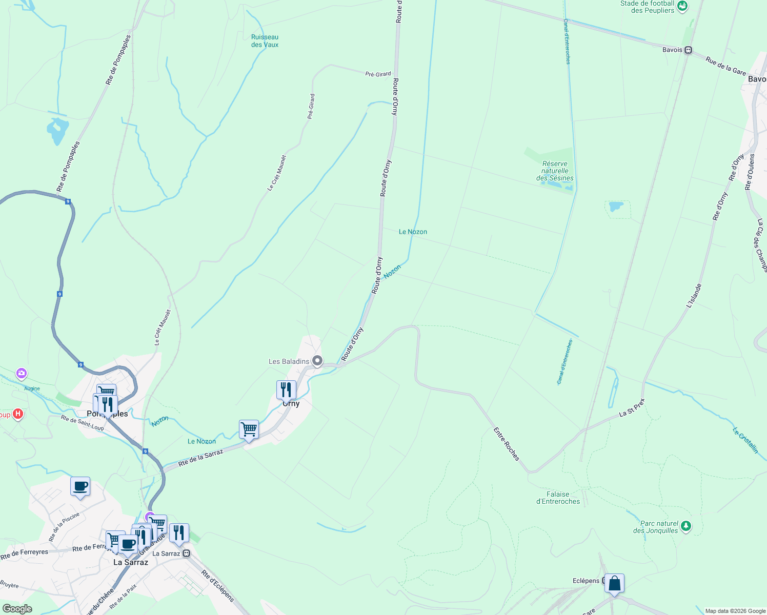 map of restaurants, bars, coffee shops, grocery stores, and more near in Orny