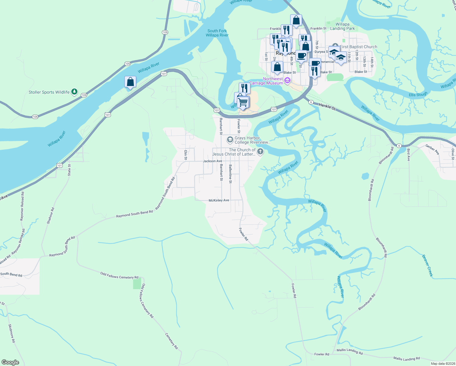 map of restaurants, bars, coffee shops, grocery stores, and more near 942 Ballentine Street in Raymond