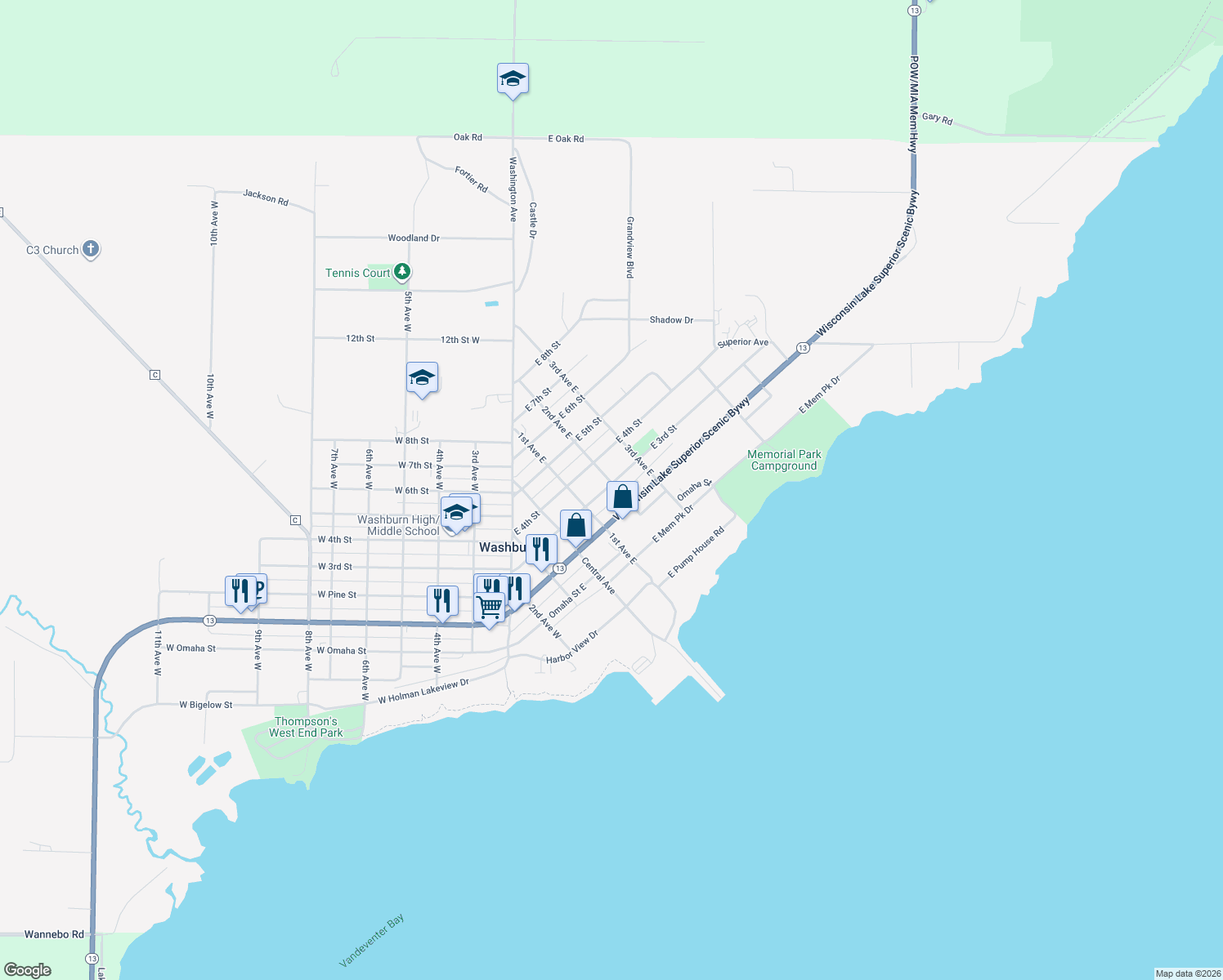 map of restaurants, bars, coffee shops, grocery stores, and more near 221 2nd Avenue East in Washburn