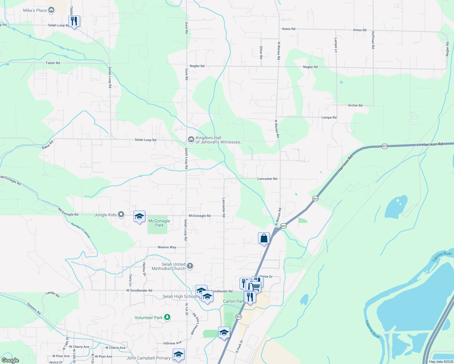 map of restaurants, bars, coffee shops, grocery stores, and more near 701 Lancaster Rd in Selah