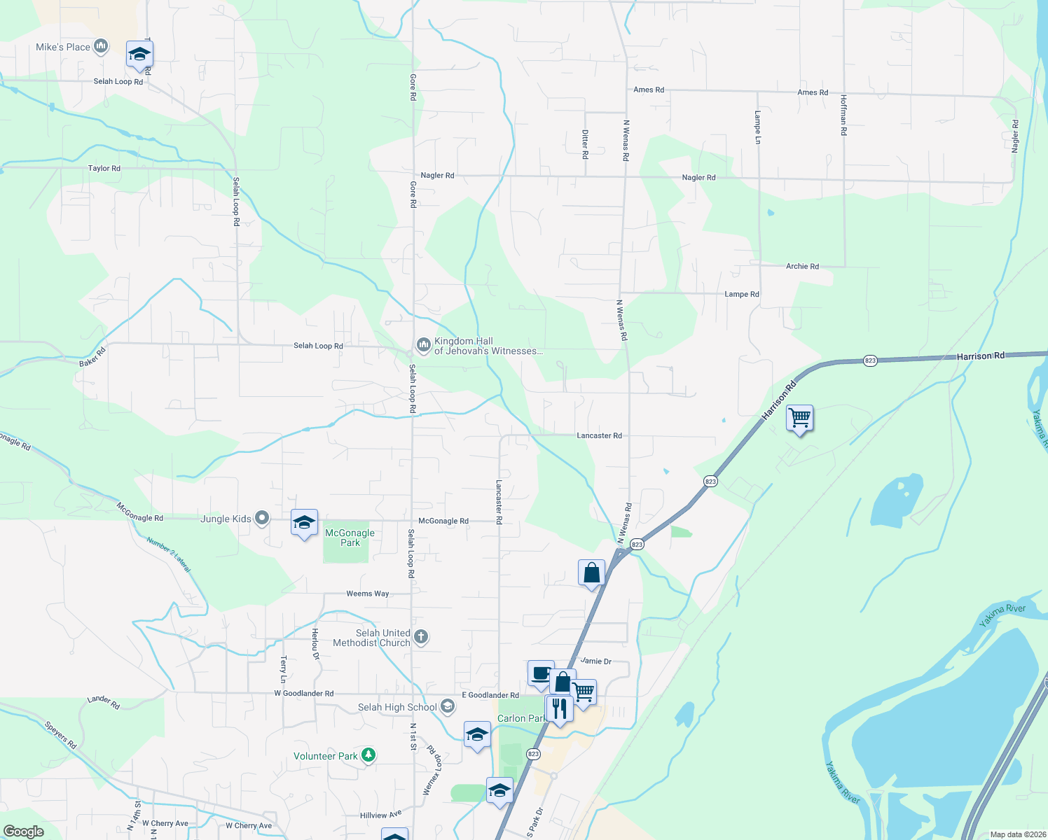 map of restaurants, bars, coffee shops, grocery stores, and more near 880 Lancaster Rd in Selah