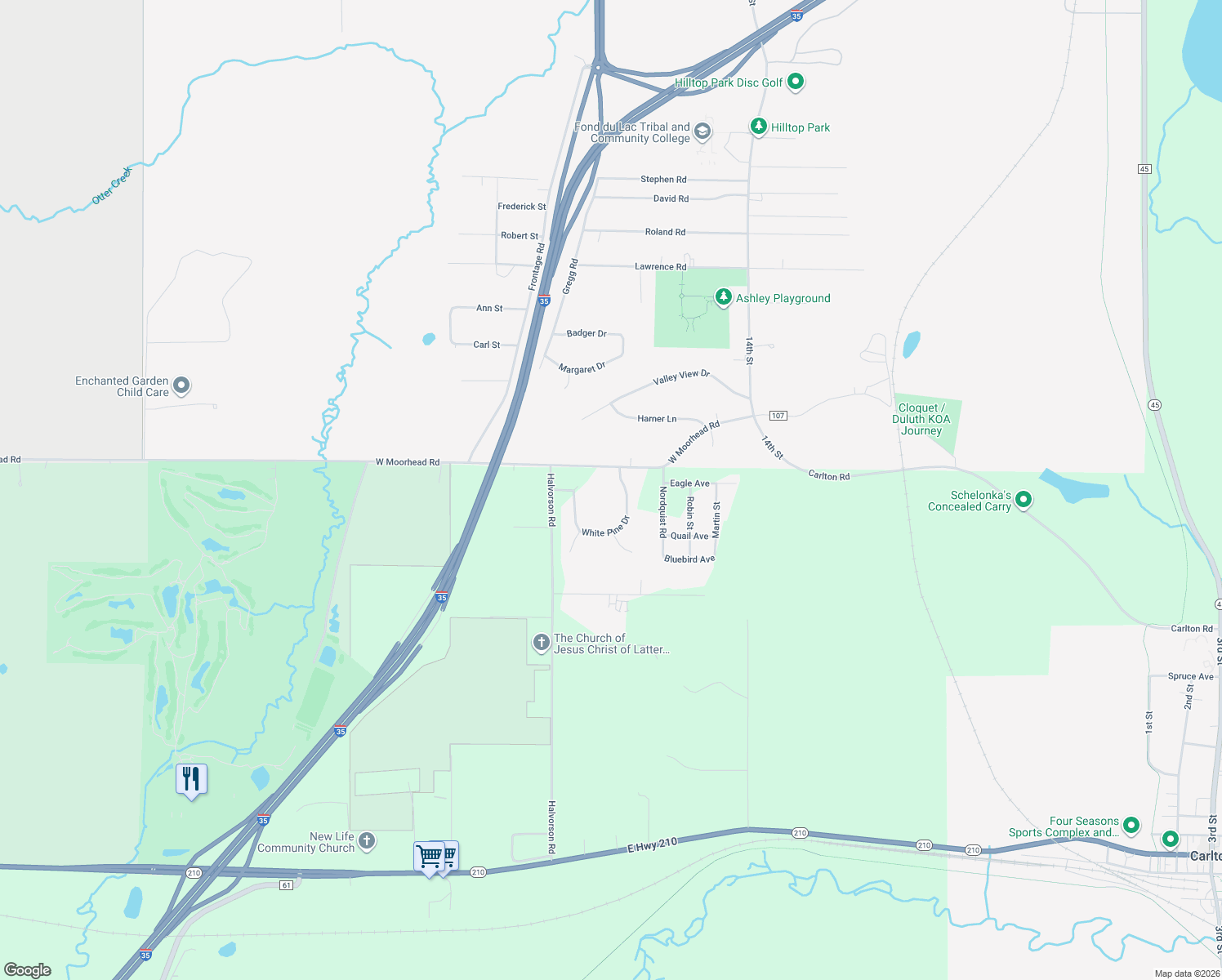 map of restaurants, bars, coffee shops, grocery stores, and more near 1315 White Pine Drive in Cloquet