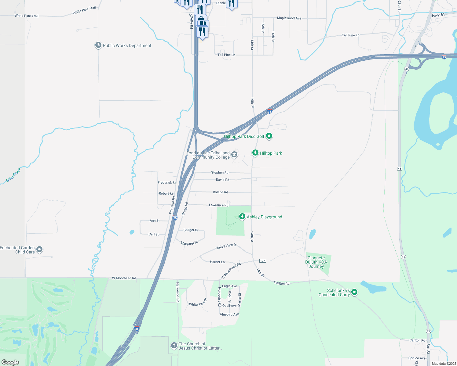 map of restaurants, bars, coffee shops, grocery stores, and more near 1384 David Road in Cloquet