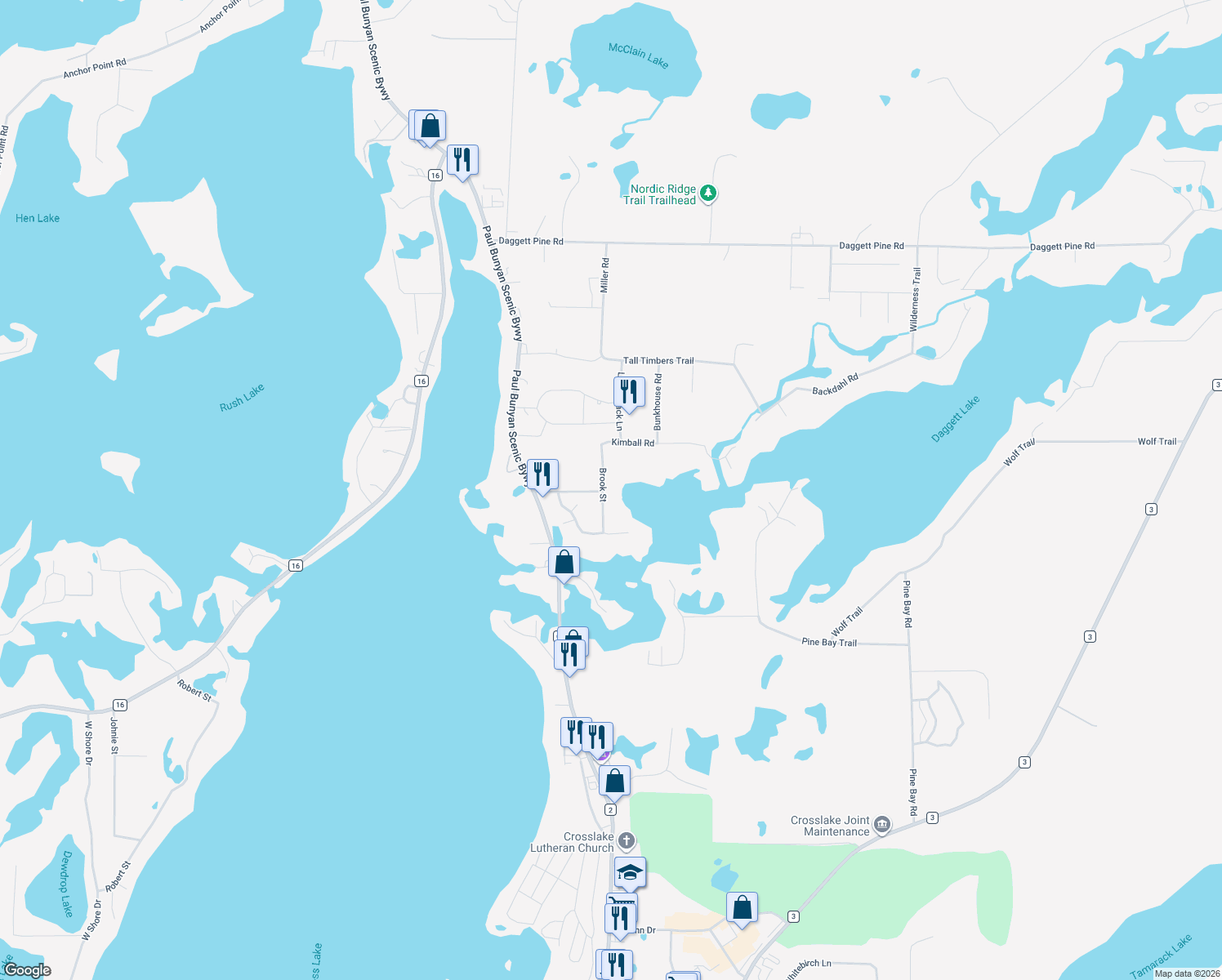 map of restaurants, bars, coffee shops, grocery stores, and more near 36886 Brook Street in Crosslake