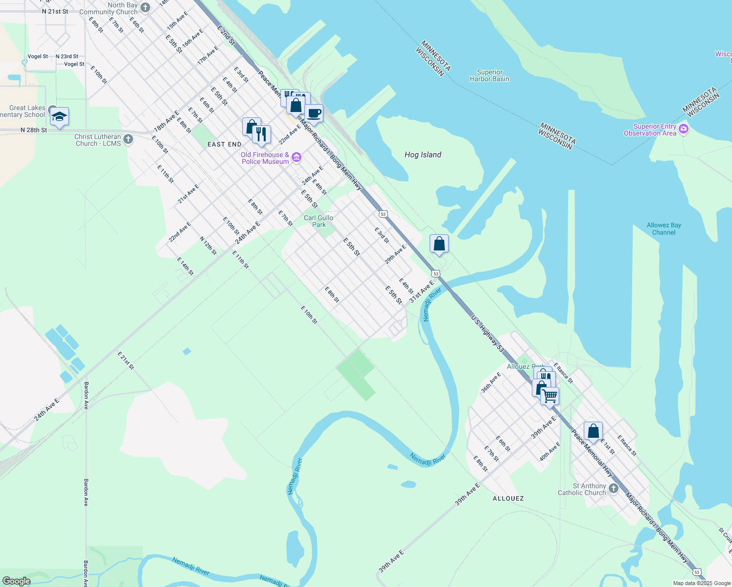map of restaurants, bars, coffee shops, grocery stores, and more near 2916 East 6th Street in Superior