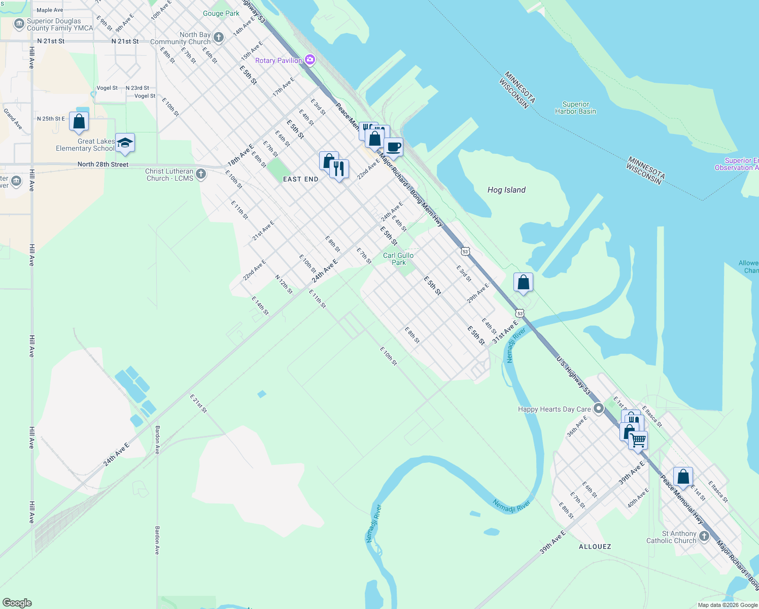 map of restaurants, bars, coffee shops, grocery stores, and more near 2622 East 8th Street in Superior