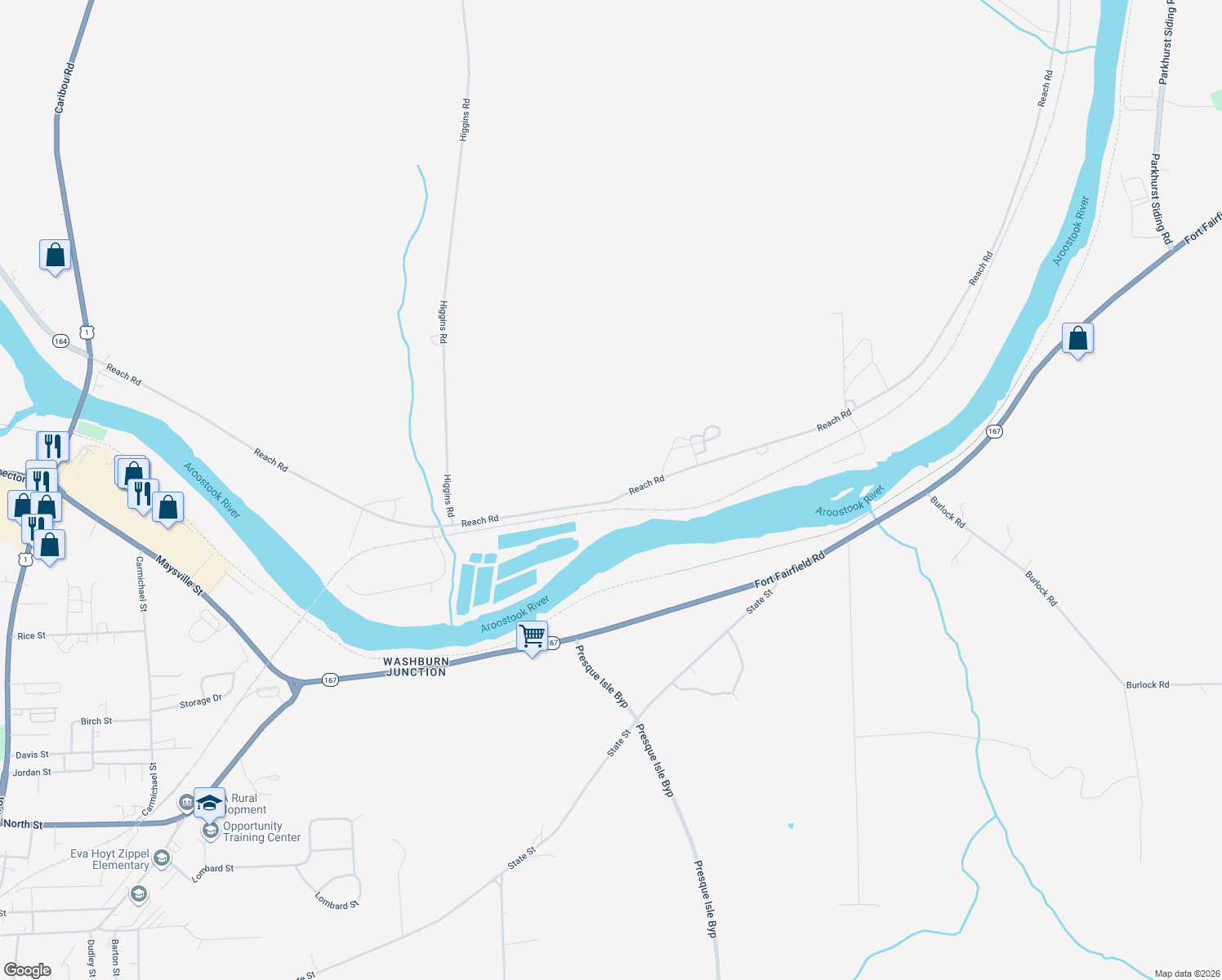 map of restaurants, bars, coffee shops, grocery stores, and more near 138 Reach Road in Presque Isle