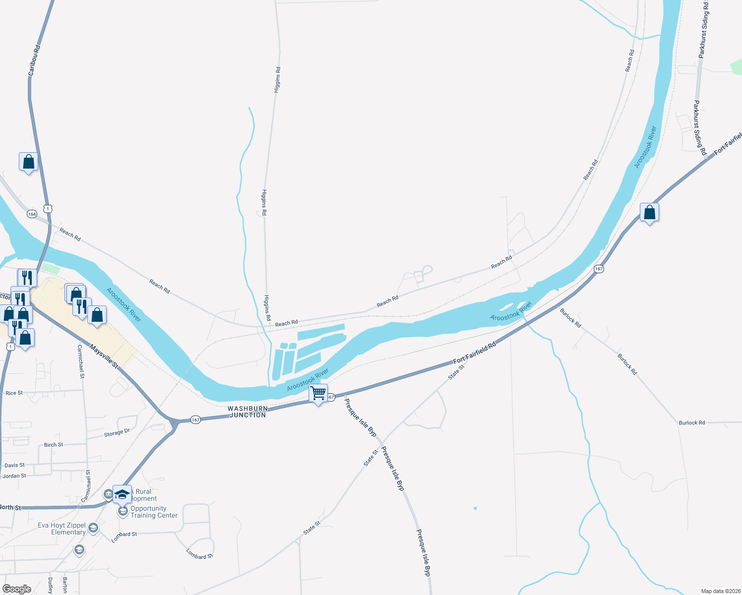 map of restaurants, bars, coffee shops, grocery stores, and more near 138 Reach Road in Presque Isle
