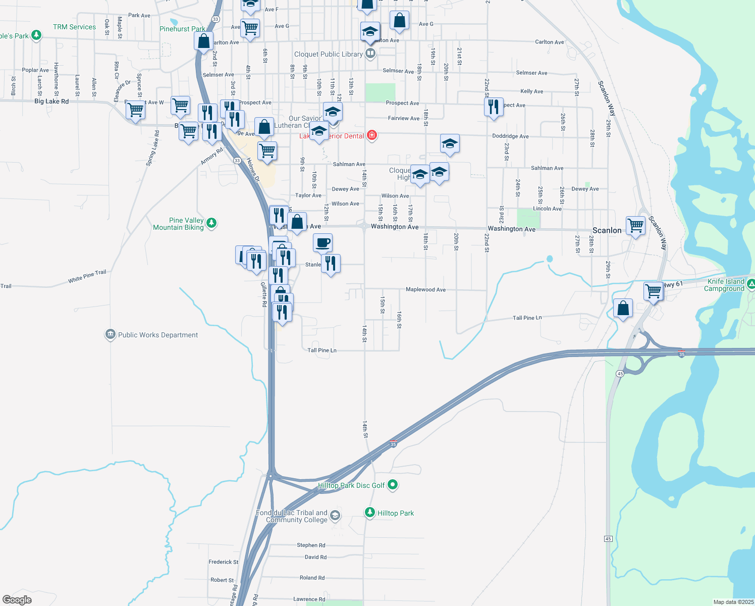 map of restaurants, bars, coffee shops, grocery stores, and more near 1407 15th Street in Cloquet