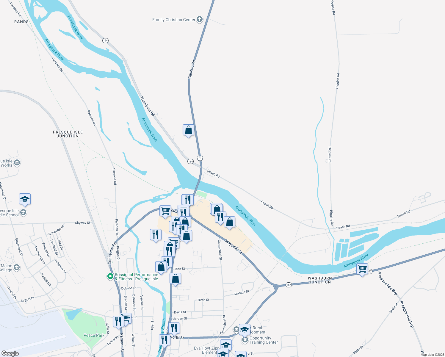 map of restaurants, bars, coffee shops, grocery stores, and more near 14 Reach Rd in Presque Isle