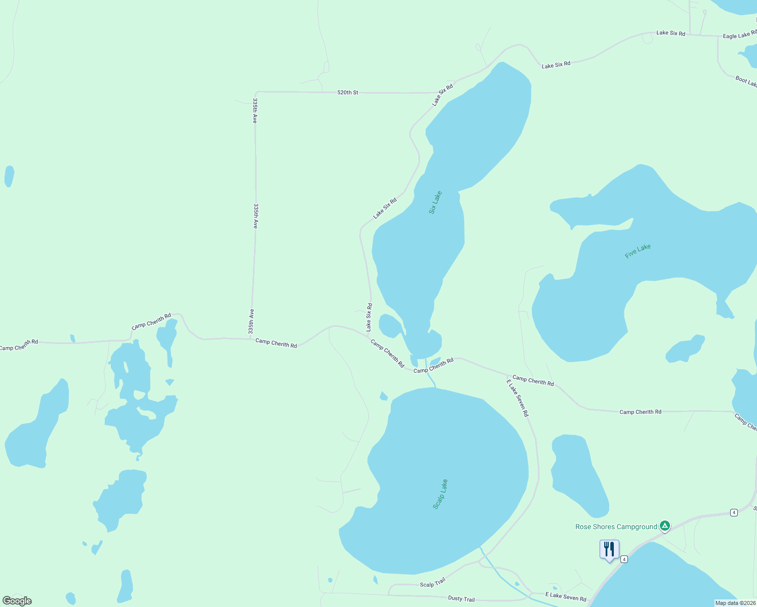 map of restaurants, bars, coffee shops, grocery stores, and more near 51114 Lake Six Road in Frazee