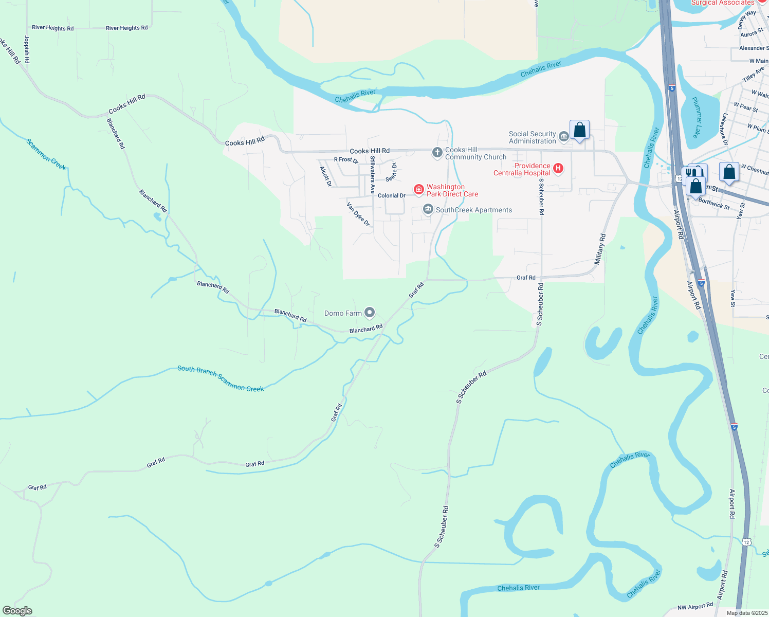 map of restaurants, bars, coffee shops, grocery stores, and more near 2727 Graf Road in Centralia