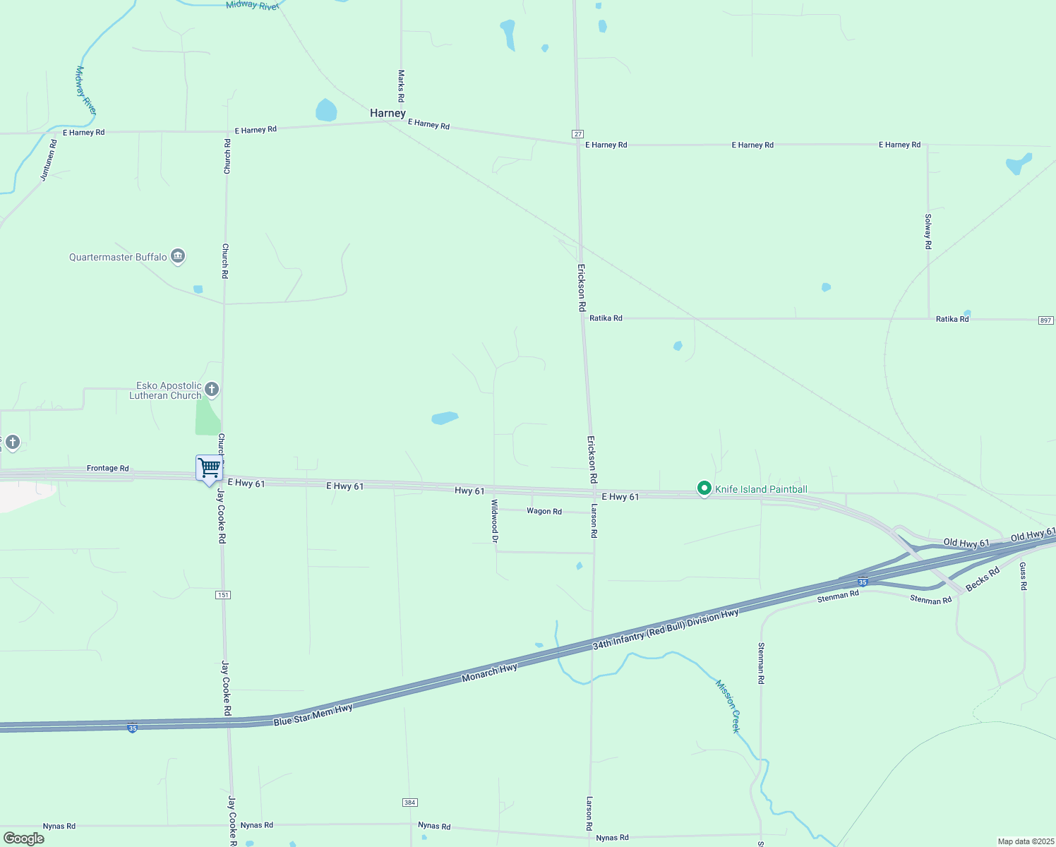map of restaurants, bars, coffee shops, grocery stores, and more near 21 Mikaela Lane in Esko