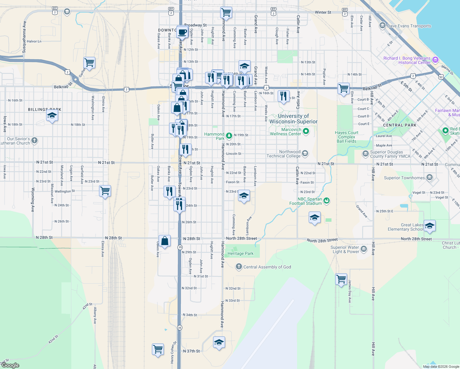 map of restaurants, bars, coffee shops, grocery stores, and more near 1310 Faxon Street in Superior