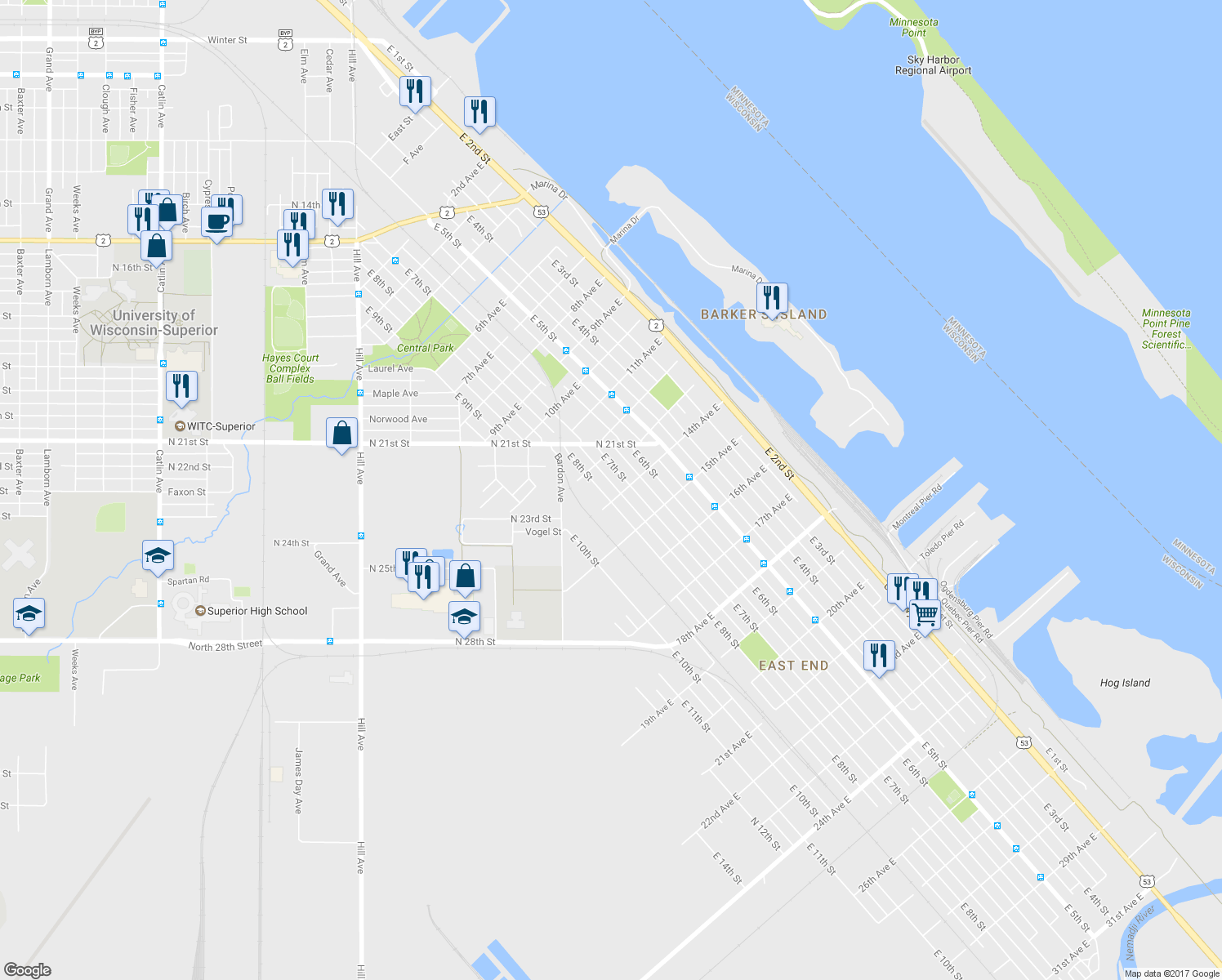 map of restaurants, bars, coffee shops, grocery stores, and more near 715 14th Avenue East in Superior