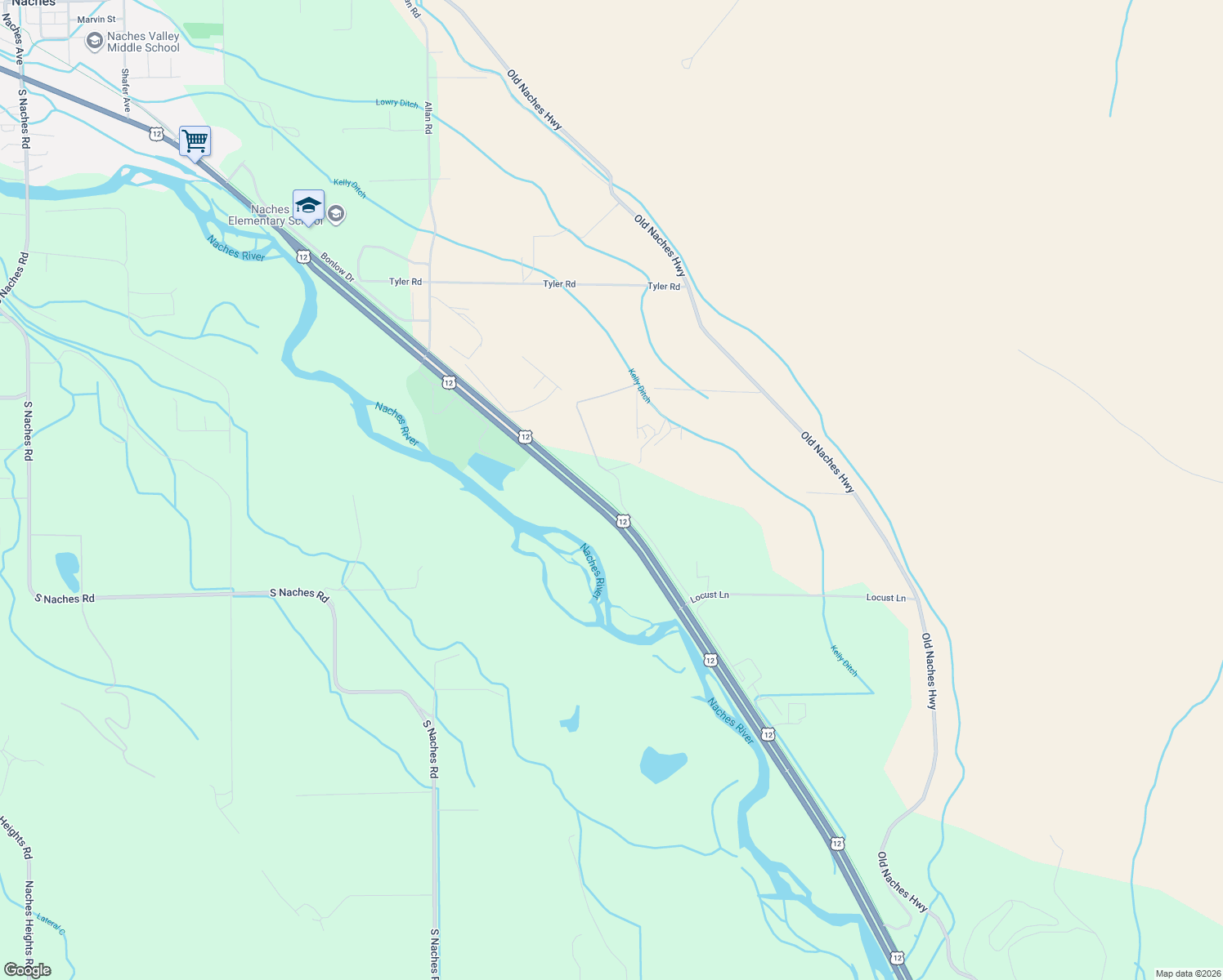 map of restaurants, bars, coffee shops, grocery stores, and more near 360 McPhee Rd in Naches