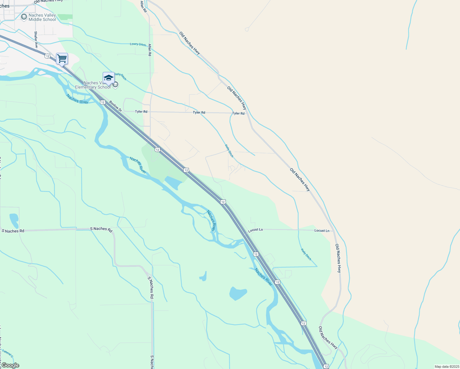 map of restaurants, bars, coffee shops, grocery stores, and more near 351 McPhee Rd in Naches