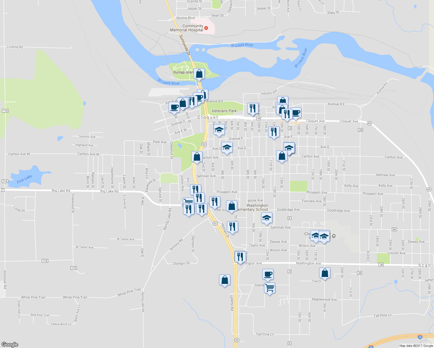 map of restaurants, bars, coffee shops, grocery stores, and more near 307 Selmser Avenue in Cloquet