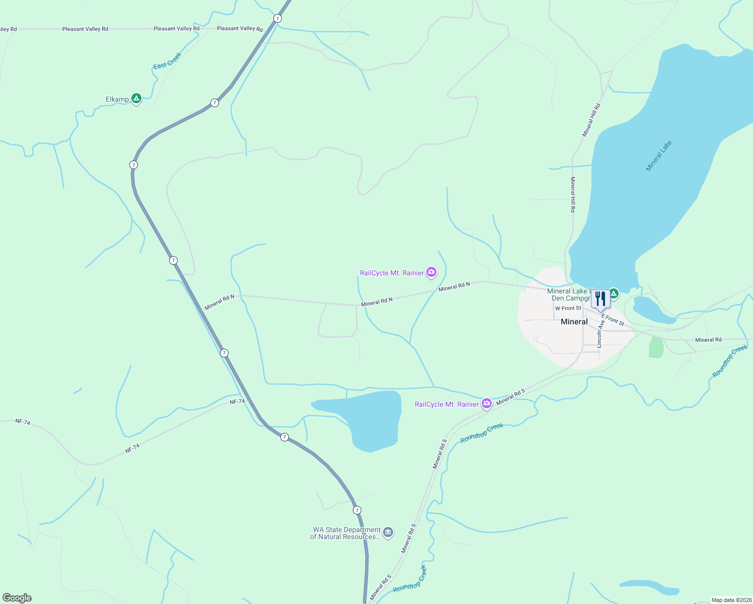 map of restaurants, bars, coffee shops, grocery stores, and more near Mineral Rd N in Mineral