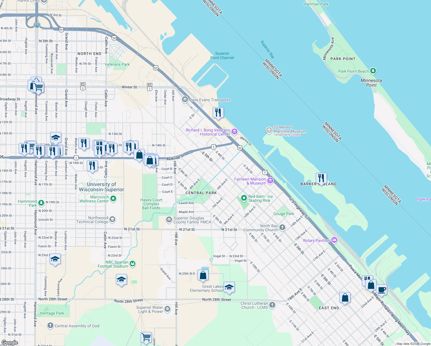 map of restaurants, bars, coffee shops, grocery stores, and more near 513 5th Avenue East in Superior