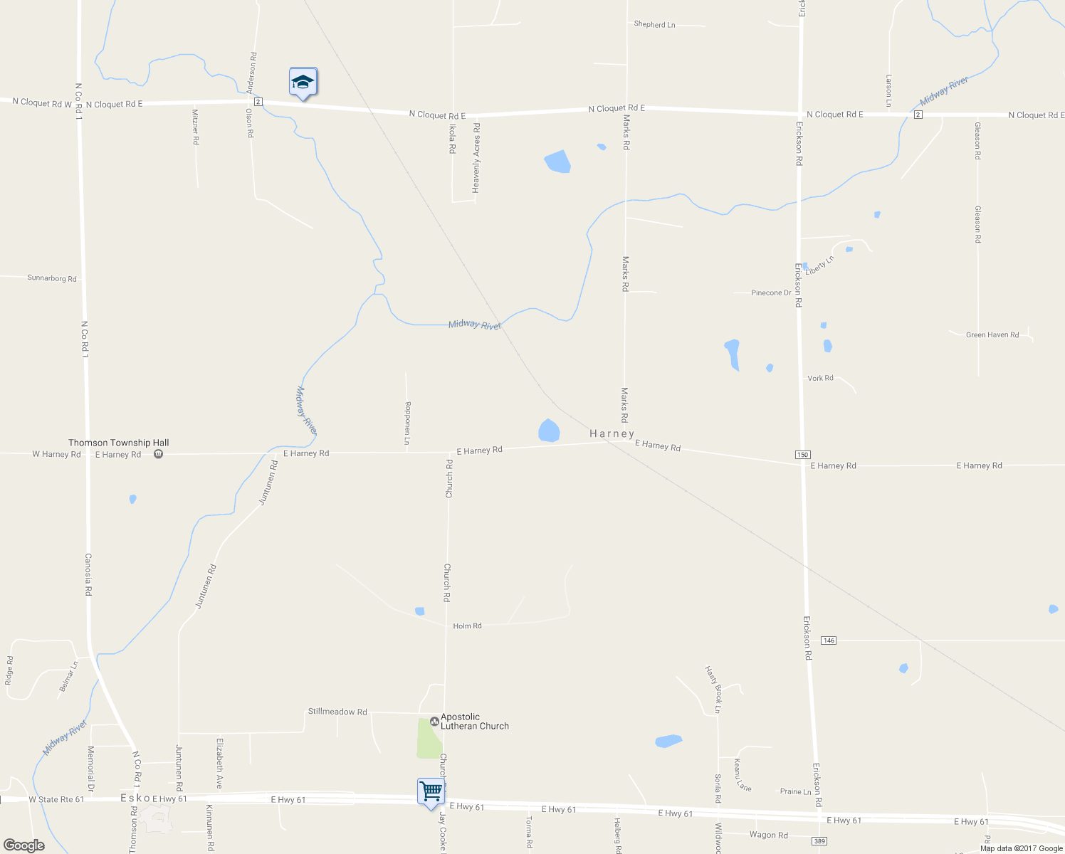 map of restaurants, bars, coffee shops, grocery stores, and more near 129 East Harney Road in Esko