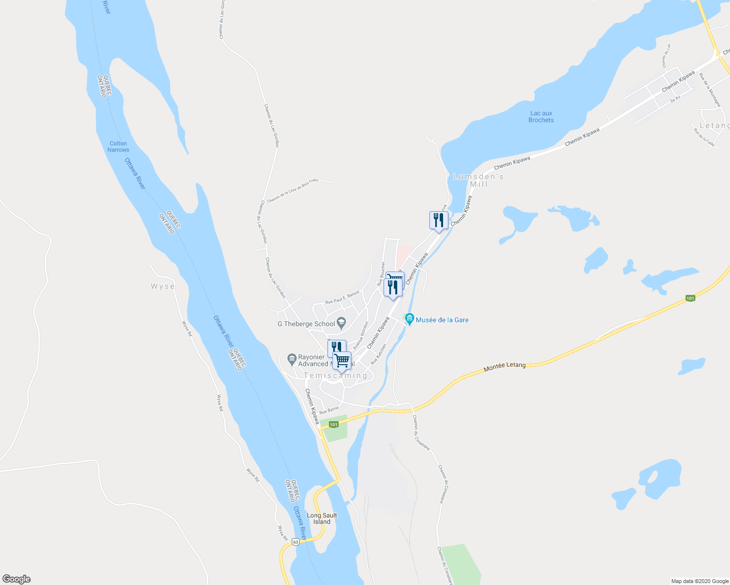 map of restaurants, bars, coffee shops, grocery stores, and more near 157 Avenue Riordon in Témiscaming