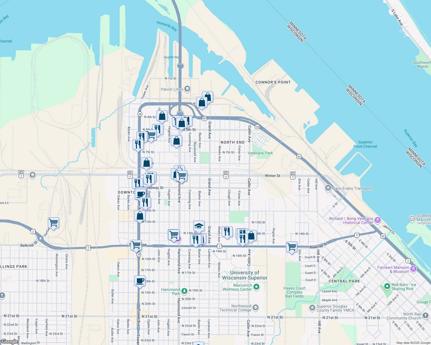 map of restaurants, bars, coffee shops, grocery stores, and more near 1011 Winter Street in Superior