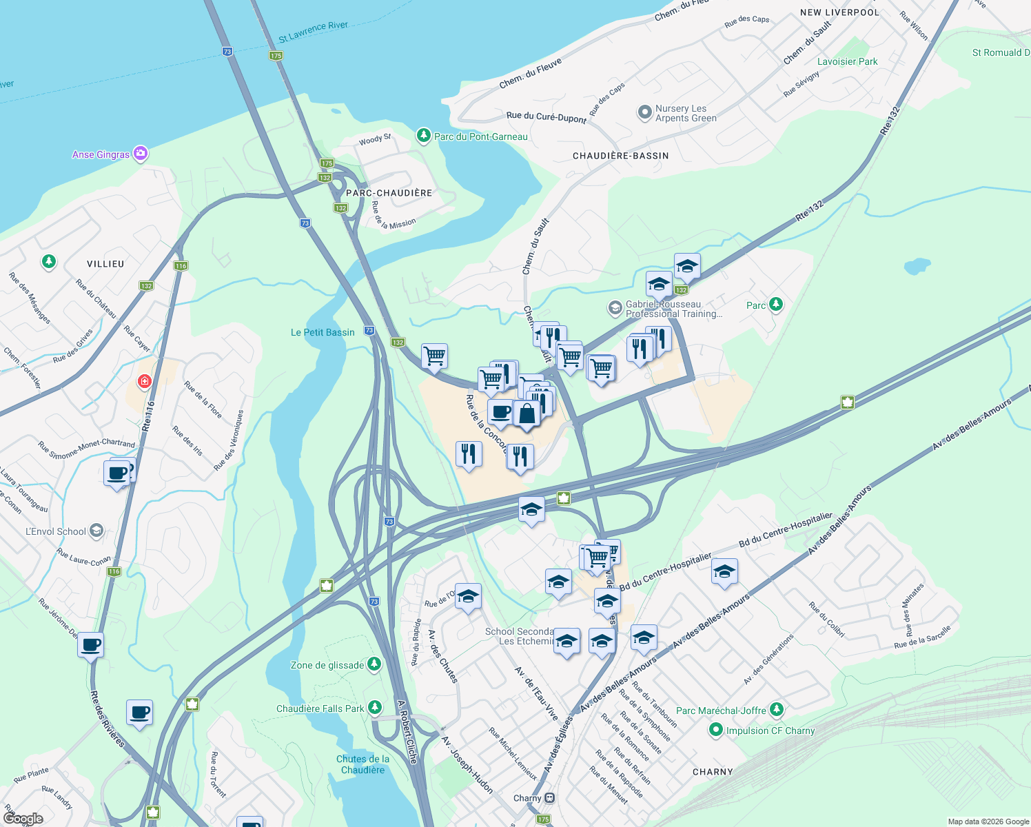 map of restaurants, bars, coffee shops, grocery stores, and more near Rue des Promenades in Levis
