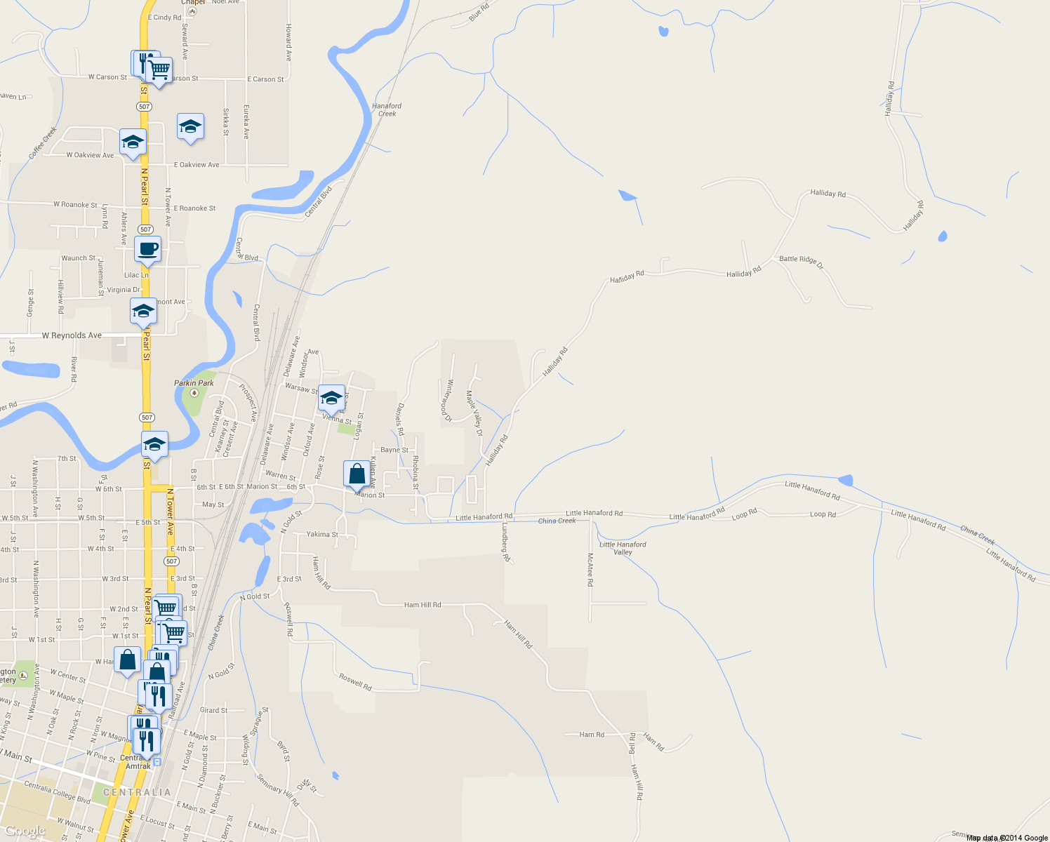 map of restaurants, bars, coffee shops, grocery stores, and more near 172 Halliday Rd in Centralia