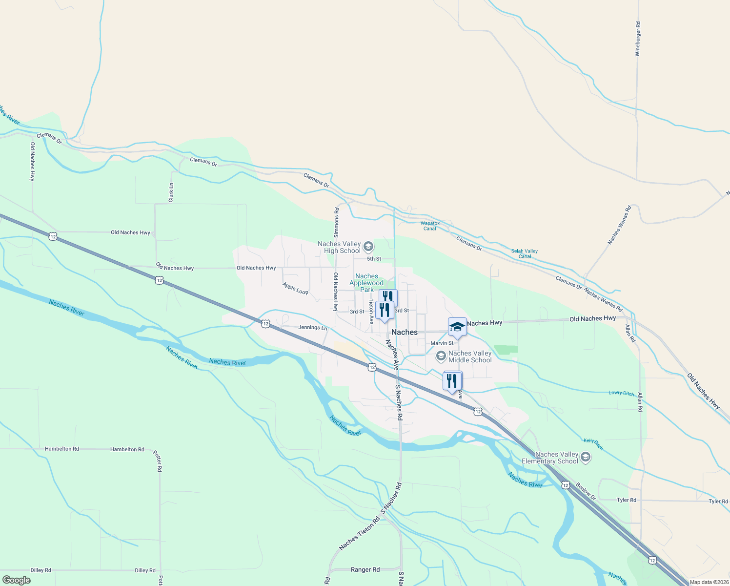 map of restaurants, bars, coffee shops, grocery stores, and more near 104 4th Street in Naches