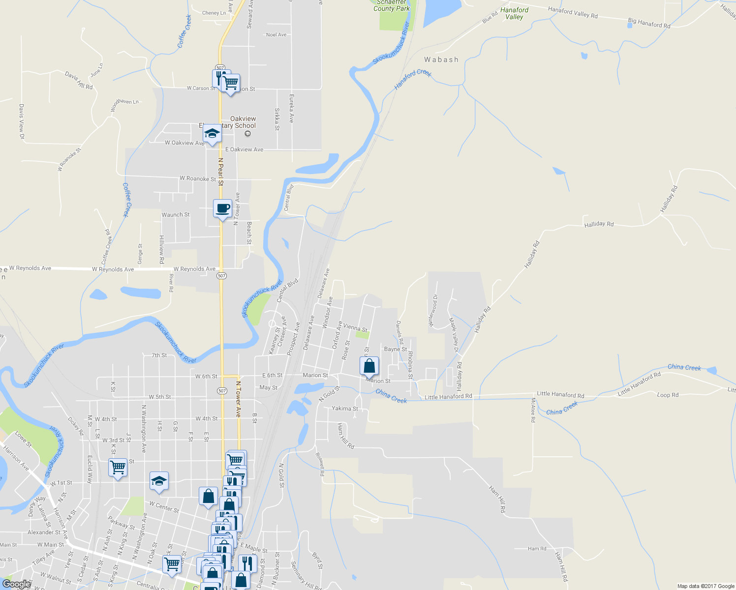 map of restaurants, bars, coffee shops, grocery stores, and more near 1610 Pike Street in Centralia