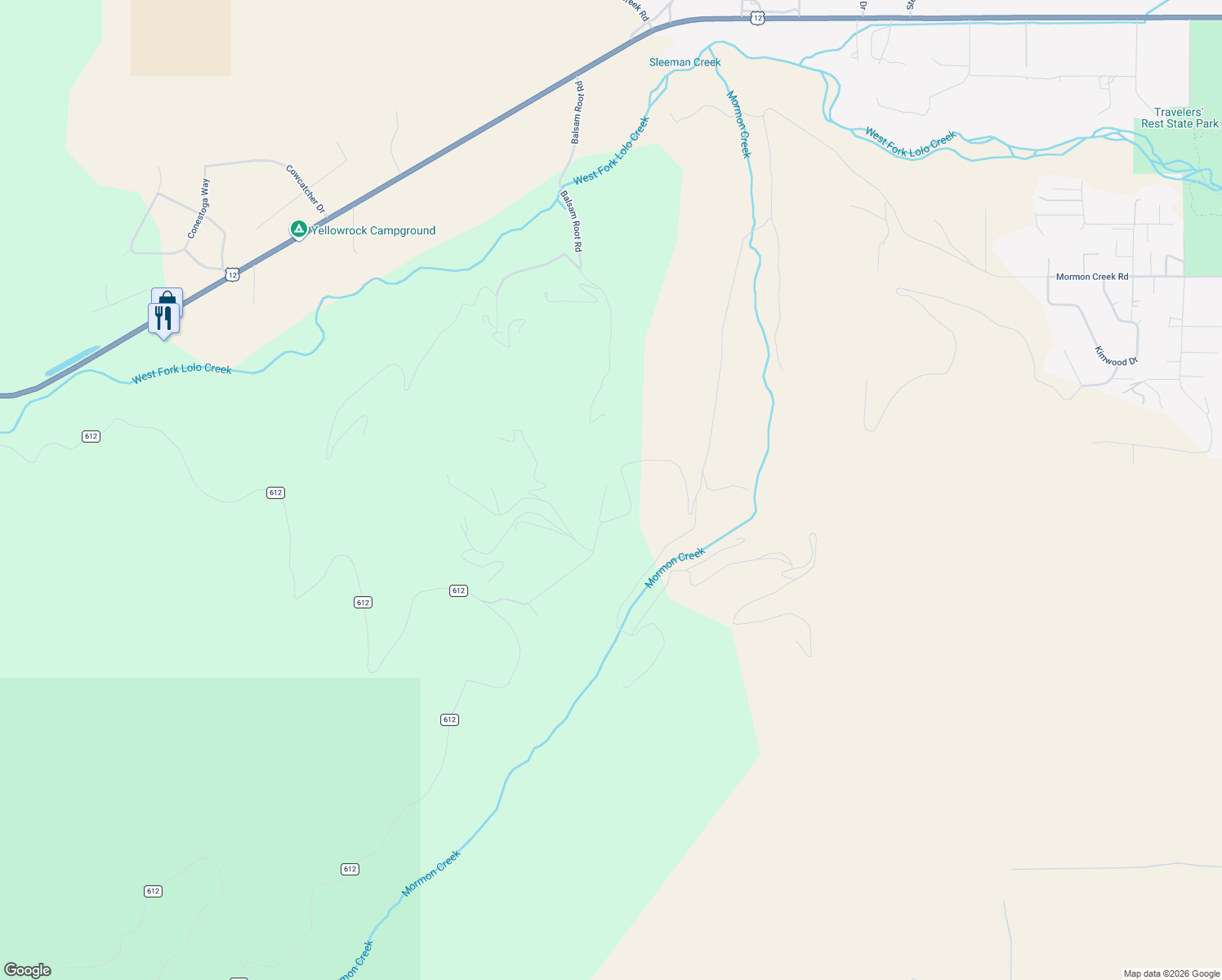map of restaurants, bars, coffee shops, grocery stores, and more near 9280 Mormon Creek Road in Lolo