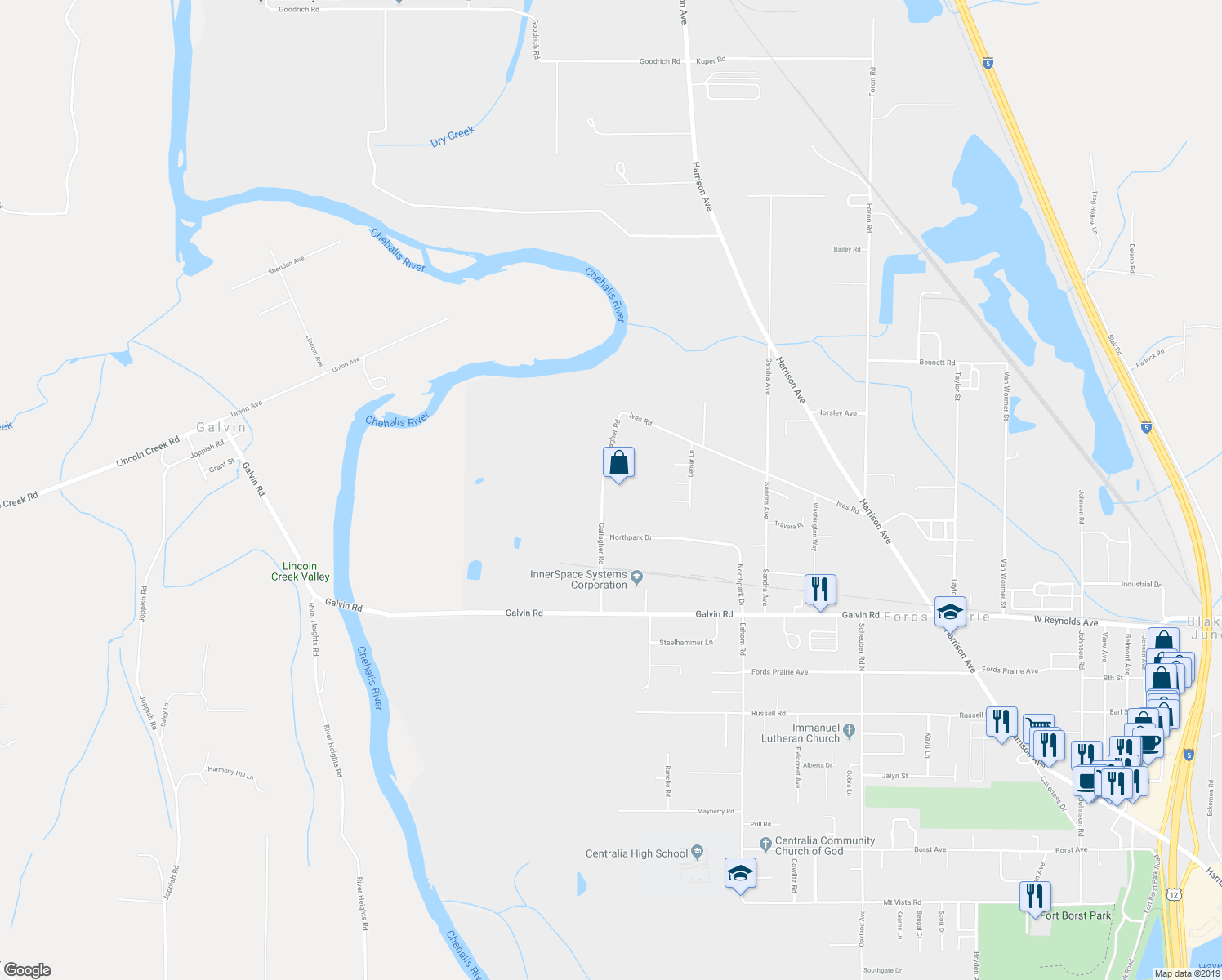 map of restaurants, bars, coffee shops, grocery stores, and more near 2012 Gallagher Road in Centralia