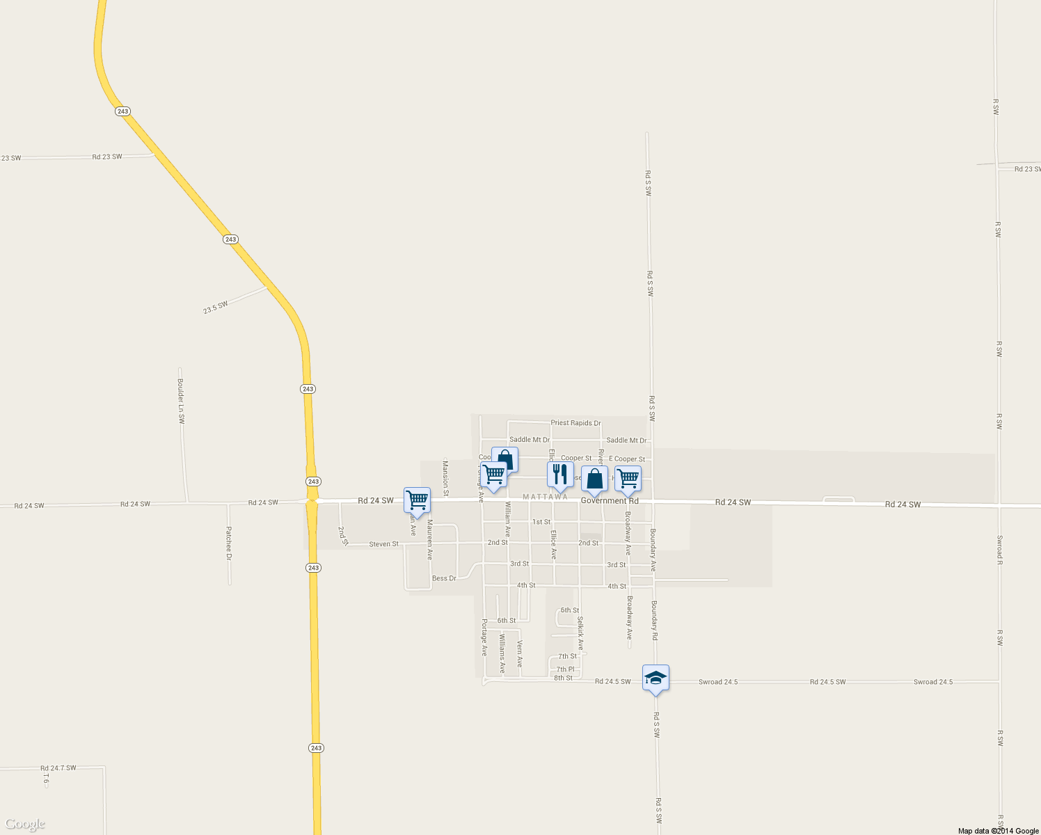 map of restaurants, bars, coffee shops, grocery stores, and more near 203 Priest Rapids Dr in Mattawa