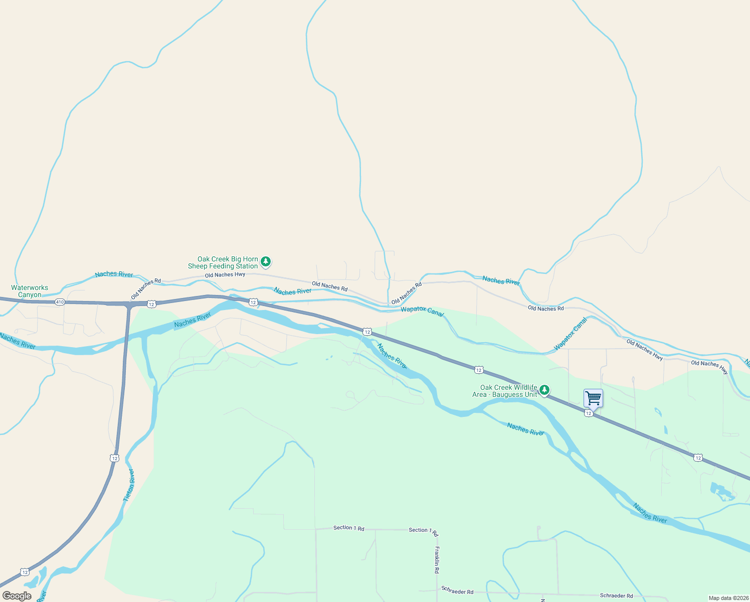 map of restaurants, bars, coffee shops, grocery stores, and more near Old Naches Road in Naches