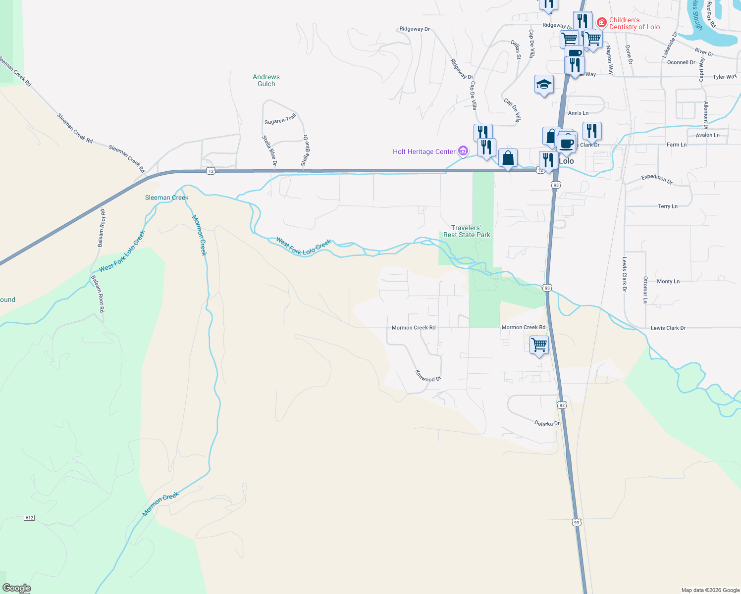 map of restaurants, bars, coffee shops, grocery stores, and more near 7660 Mormon Creek Rd in Lolo