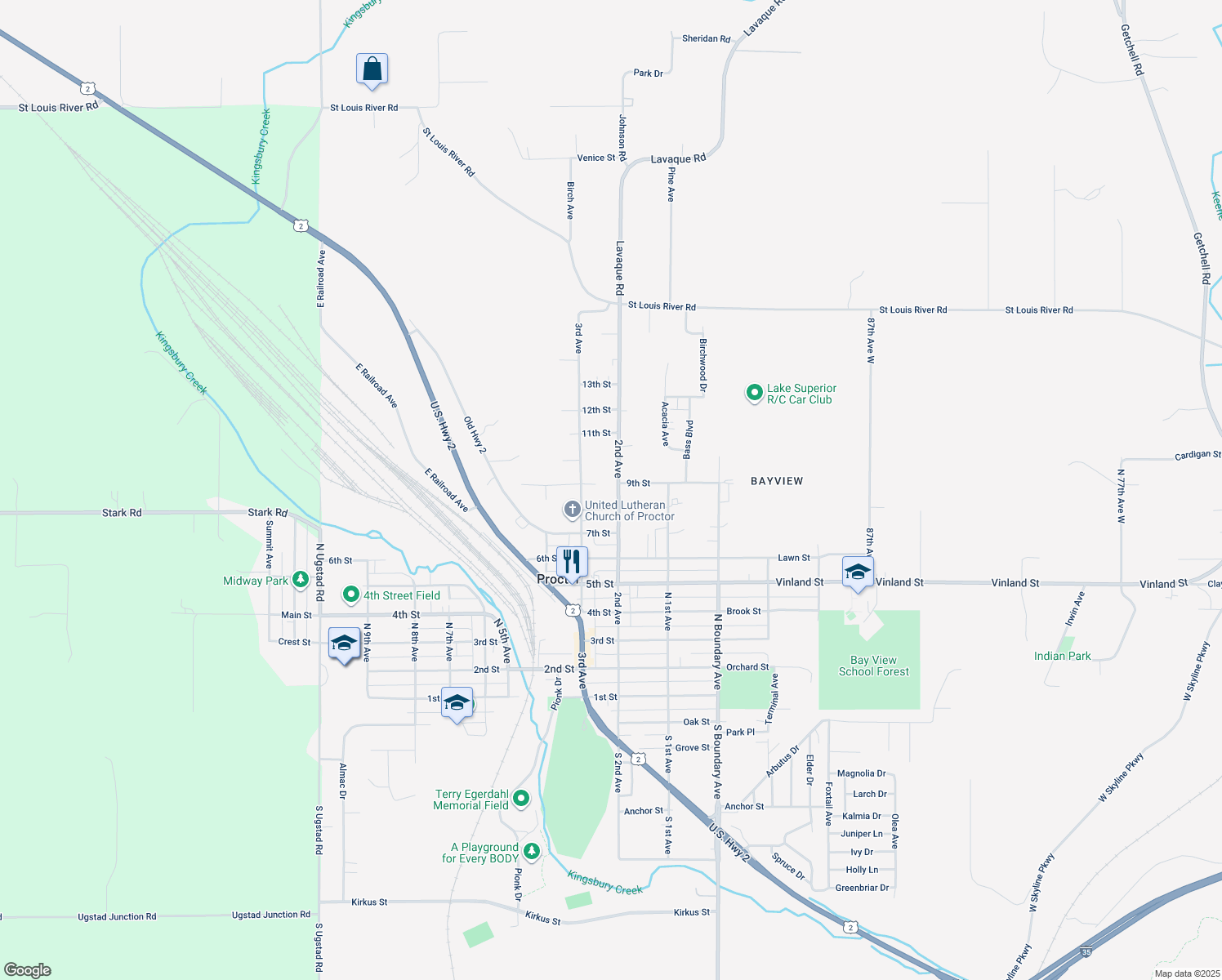 map of restaurants, bars, coffee shops, grocery stores, and more near 841 2nd Avenue in Proctor